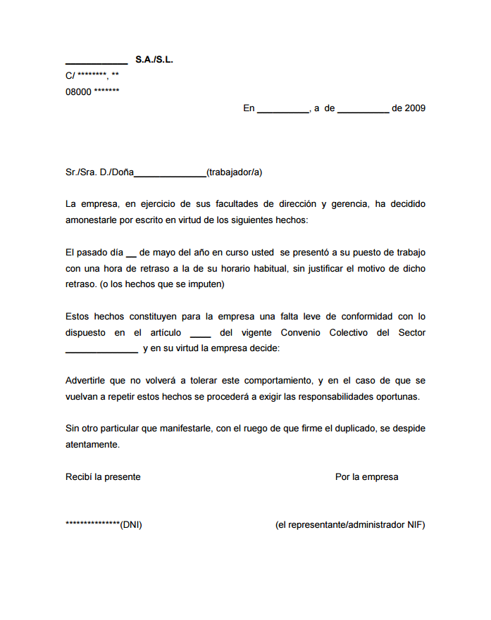 Carta de amonestación laboral  Sanciones a trabajadores 